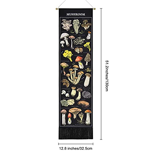 Mushroom Tapestry Black Background Tapestry Vertical Tapestry Illustrative Reference Chart Tapestry Wall Hanging for Room(12.8 x 51.2 inches)