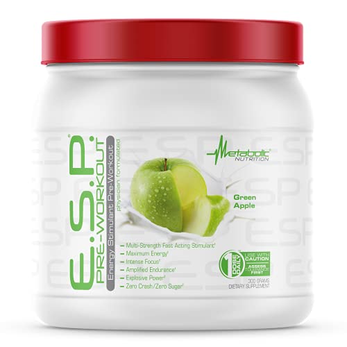 Metabolic Nutrition - ESP - Stimulating Pre Workout, Pre Intra Workout Supplement, Energy and Endurance Stimulating, Natural & Safe, High Energy, Mental Focus, Green Apple, 300 Grams (90 Servings)