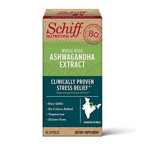 Schiff Ashwagandha Extract Capsules, (50 count in a bottle), Vegetarian, Non-GMO, Gluten-Free, No Colors Added, Helps Manage Feelings of Everyday Stress and Support Healthy Stress Hormone Levels*,ǂ