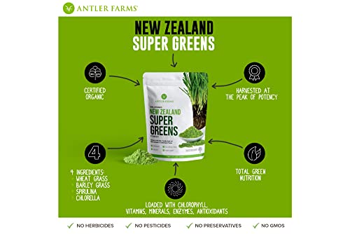 Antler Farms - 100% Pure New Zealand Super Greens Powder, 40 Servings, 200g - Wheat Grass, Barley Grass, Chlorella, Spirulina - Vegan, Gluten Free, Chlorophyll Rich, for Energy and Detox