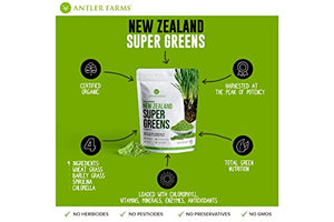 Antler Farms - 100% Pure New Zealand Super Greens Powder, 40 Servings, 200g - Wheat Grass, Barley Grass, Chlorella, Spirulina - Vegan, Gluten Free, Chlorophyll Rich, for Energy and Detox