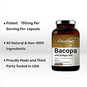 Bacopa Capsules 750mg (Made with Organic Bacopa Complex and Ginkgo Leaf Powder), 120 Counts, 3 in 1 Formula, Nootropics for Brain Booster for Enhanced Mental Focus and Memory, Non-GMO and Made in USA