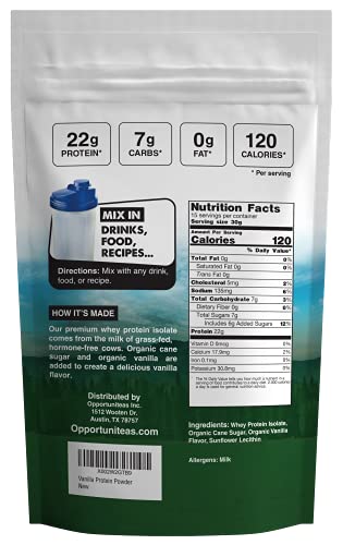 Vanilla Whey Protein Powder - Grass Fed Whey Isolate + Real Sugar & Vanilla Flavor - Perfect for Shakes, Smoothies, Drinks, Cooking & Baking - Non GMO & Gluten Free - 1 lb