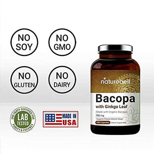 Bacopa Capsules 750mg (Made with Organic Bacopa Complex and Ginkgo Leaf Powder), 120 Counts, 3 in 1 Formula, Nootropics for Brain Booster for Enhanced Mental Focus and Memory, Non-GMO and Made in USA