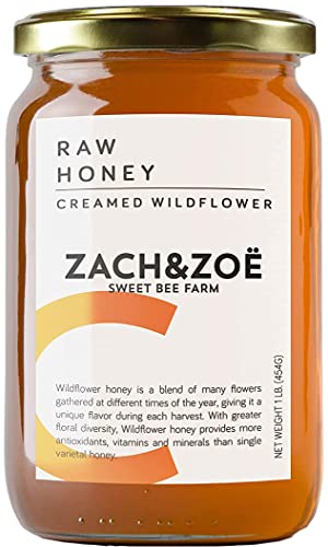 Unfiltered Raw Honey by Zach & Zoe Sweet Bee Farm – Pure Farm Raised Honey Packed with Powerful Anti-oxidants, Amino Acids, Enzymes, and Vitamins! (Creamed - 16oz)