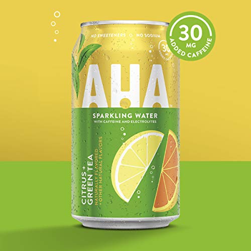 AHA Sparkling Water, Citrus + Green Tea Flavored Water, with Caffeine & Electrolytes, Zero Calories, Sodium Free, No Sweeteners, 12 fl oz, 8 Pack