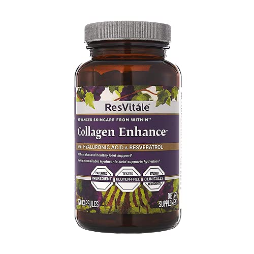 ResVitale Collagen Enhance Anti Aging Skin Care Collagen Supplement - Hydrolyzed Collagen Peptides with Hyaluronic Acid and Resveratrol - Skin Food & Joint Support Collagen Capsules, 1000mg, 120 Caps