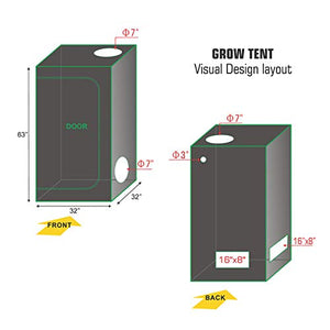 BloomGrow 300W Full Spectrum UFO LED Light + 32''x32''x63'' Grow Tent + 4'' Inline Fan Filter Duct Combo + Hangers + Hygrometer + Shears + 24-hour Timer + Trellis Netting Indoor Grow Tent Complete Kit