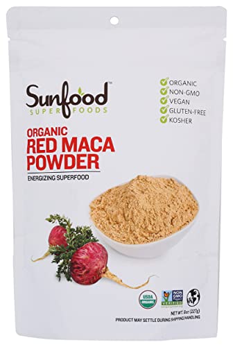 Sunfood Red Maca Powder | Organic, Raw Maca Root | for Men & Women | Grown in Peru | Zero Additives - 100% Pure Single Ingredient Product | 8 oz Bag