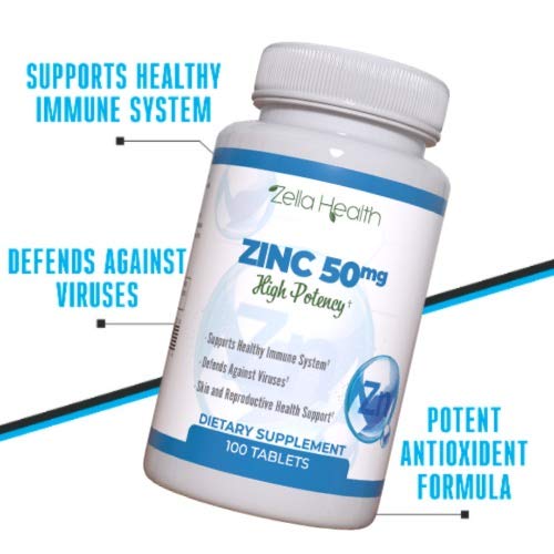 ZINC 50mg, High Potency - Healthy Immune System Support from Natural Zinc (Oxide/Citrate) 100 Tablets, Made by Zella Health