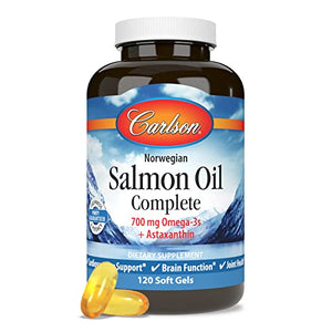 Carlson - Salmon Oil Complete, 700 mg Omega-3s + Astaxanthin, Circulation Support, Brain Function & Joint Health, Norwegian, 120 Softgels