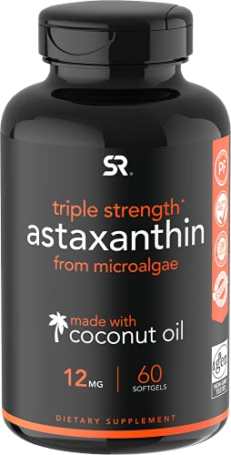 Triple Strength Astaxanthin (12mg) with Organic Coconut Oil | Non-GMO, Soy & Gluten Free - 60 Mini Softgels (2 Month Supply)