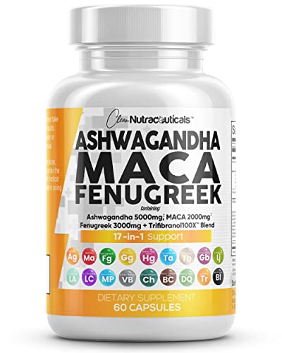 Ashwagandha Maca Root Fenugreek Supplement with Tongkat Ali Ginseng - Assists with Stress, Mood & Adrenal Health - Ashwagandha Capsules Maca Pills Fenugreek Caps Made in USA - 60 Count