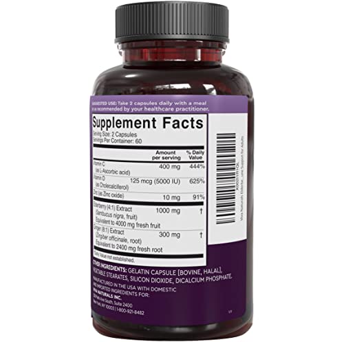 Viva Naturals Elderberry, Vitamin C, Zinc, Vitamin D3 5000 IU & Ginger - Antioxidant & Immune Support Supplement, 2 Month Supply (120 Capsules) - 5 in 1 Daily Immune Support for Adults