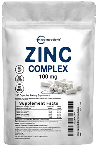 Zinc Complex Capsules, 4 in 1 Elemental Zinc Formula with Vitamin C, 100mg, 200 Capsules, Immune System Booster, Double Strength Zinc Supplements Complex, Non-GMO