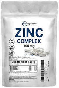 Zinc Complex Capsules, 4 in 1 Elemental Zinc Formula with Vitamin C, 100mg, 200 Capsules, Immune System Booster, Double Strength Zinc Supplements Complex, Non-GMO