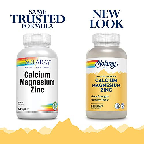 Solaray Calcium, Magnesium, Zinc | High Absorption with Glutamic Acid | Healthy Bones, Teeth, Nerve, Muscle, Heart & Immune Function Support | 250ct