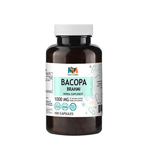 Bacopa Capsules - Organic Brahmi Herbal Supplement for Natural Stress Relief, Antioxidant Support, Memory & Brain Health, Cognitive Function - Non-GMO Formula - 1000mg, 100 Veggie Caps