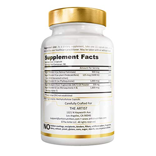 Vegan ADK Vitamin Supplement (5,000 IU I 90 Capsules) w/MCT Oil for Max Absorption - Heart, Bones and Immune Support - Vitamins A, D3 5,000 IU, K1, K2 (MK7 and MK4) - No Soy Non-GMO Gluten Free