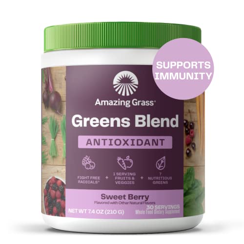 Amazing Grass Greens Blend Antioxidant: Super Greens Powder with Spirulina, Beet Root Powder, Elderberry, Bilberry, Prebioitics & Probiotics, Sweet Berry, 30 Servings (Packaging May Vary)