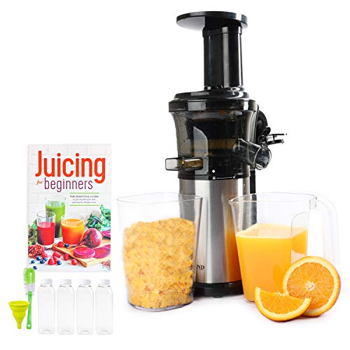 Small Cold Press Juicer With 16 oz Plastic Juice Bottles With White Caps And Juicing Recipe Book, Includes Funnel And Brush