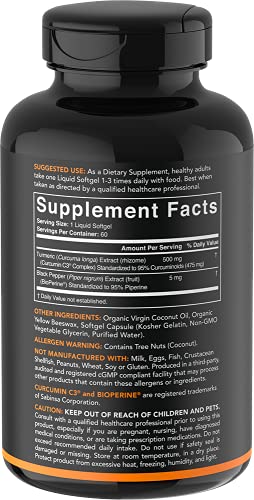 Turmeric Curcumin C3 Complex 500mg, Enhanced with Black Pepper & Organic Coconut Oil for Better Absorption; Non-GMO & Gluten Free