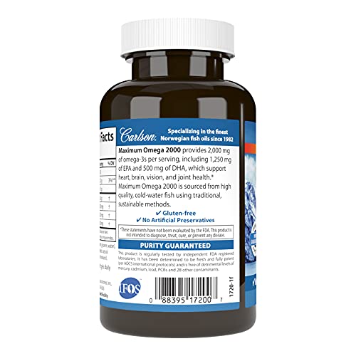 Carlson - Maximum Omega 2000, 2000 mg Omega-3 Fatty Acids Including EPA and DHA, Wild-Caught, Norwegian Fish Oil Supplement, Sustainably Sourced Fish Oil Capsules, Lemon, 60 Softgels