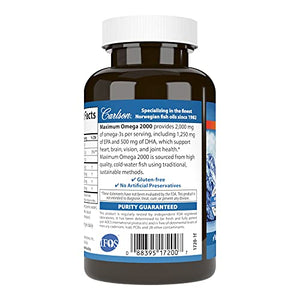 Carlson - Maximum Omega 2000, 2000 mg Omega-3 Fatty Acids Including EPA and DHA, Wild-Caught, Norwegian Fish Oil Supplement, Sustainably Sourced Fish Oil Capsules, Lemon, 60 Softgels