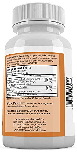 Turmeric Curcumin - 2250mg/d - 90 Veggie Capsules - 95% Curcuminoids with Black Pepper Extract (Bioperine) - 100% Organic - Most Powerful Turmeric Supplement with Triphala