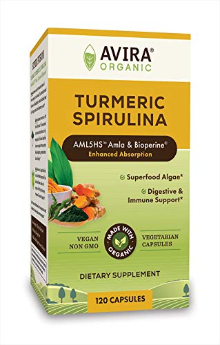 Avira Organic Turmeric Spirulina, Super Fusion with Amla, Curcumin & Bioperine, Superfood Algae Grown in Pristine Environment, Support Immune & Digestive Function, Yellow, 120 Count