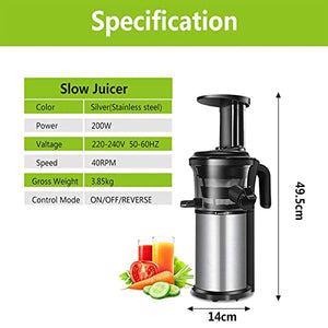 QXWJ 200W 40RPM Stainless Steel Masticating Slow Auger Juicer,220V Fruit and Vegetable Juice Extractor Compact Cold Press Juicer Machine