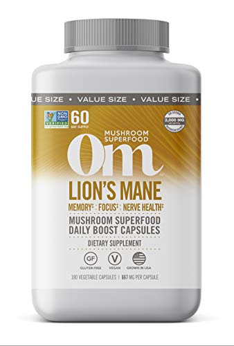 Om Mushroom Superfood Lion's Mane Mushroom Capsules Superfood Supplement, 180 Count, 60 Days, Fruit Body and Mycelium Nootropic for Memory Support, Focus, Clarity, Nerve Health, Creativity and Mood