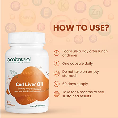 Ambrosial's Pure Cod Fish Liver Oil 300mg | Omega 3 Fatty Acid | Vitamin A, & Vitamin D - 60 Softgels