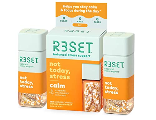 R3SET Double Pack Calm Day Stress & Anxiety Relief Supplement, Calm & Focus, with Ashwagandha, L-Theanine, Vitamin D, Valerian, Omega-3, 28 Veg Caps