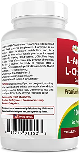 Best Naturals L-Arginine L-Citrulline Complex 1000 mg 250 Tablets (250 Count (Pack of 3))