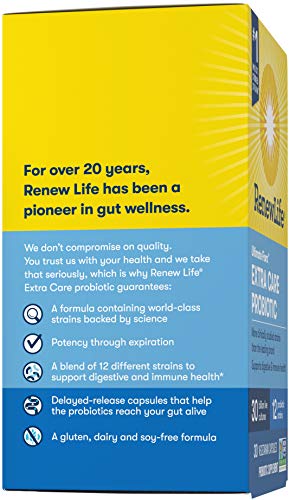 Renew Life Probiotics 30 Billion CFU Guaranteed, 12 Strains, For Men & Women, Shelf Stable, Gluten Dairy & Soy Free, 30 Capsules, Ultimate Flora Extra Care - 60 Day Money Back Guarantee