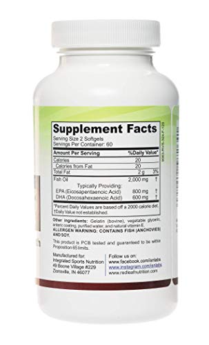 Red Leaf Omega 3, Non-GMO 2000 mg Fish Oil, 800 mg EPA, 600 mg DHA, Omega-3 Supplement from Wild Caught Fish, No Fish Burps, Vitamin E- Unflavored- 120 softgels (60 Servings)