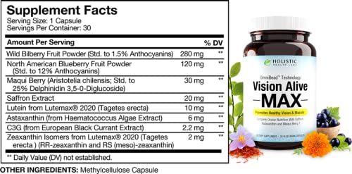 Vision Alive Max with 8 Natural Ingredients Lutemax® 2020, Bilberries, Blueberries, c3g from Black Currant, Maqui Berry, Saffron, and Astaxanthin