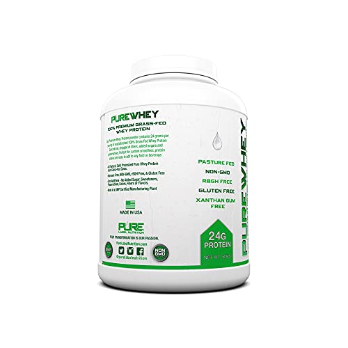 Pure Label Nutrition 100% USA Grass-Fed Whey Protein Concentrate, 5lb Unflavored, Non-GMO, rBGH Free, Soy Free, Gluten Free, Low Carbs and Low Fat, No Sugar Added, Keto Friendly