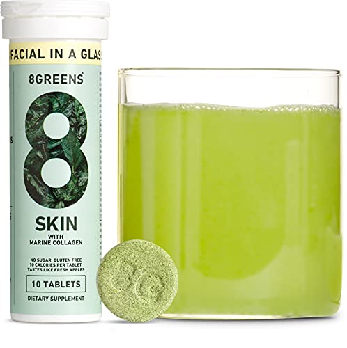 8Greens Skin + Marine Collagen for Beautiful Skin - Effervescent Super Greens Dietary Supplement - 8 Essential Healthy Real Greens in One (10 Tablets)