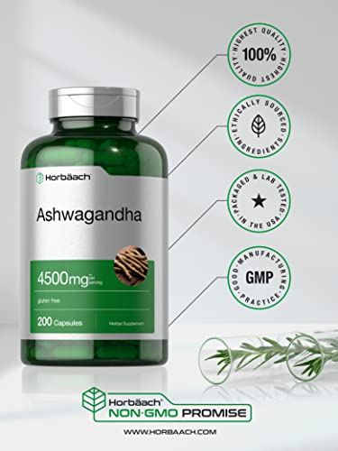 Ashwagandha Capsules 4500mg | 200 Count | with Black Pepper | Gluten Free Root Extract | by Horbaach