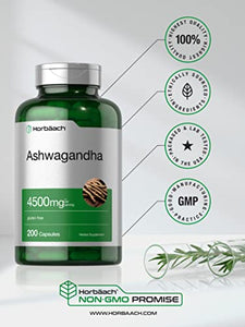 Ashwagandha Capsules 4500mg | 200 Count | with Black Pepper | Gluten Free Root Extract | by Horbaach