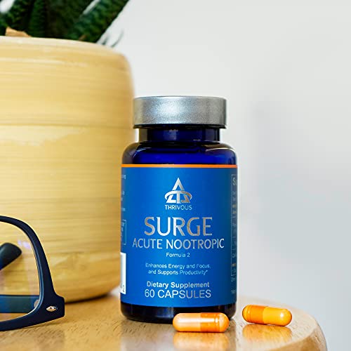 Thrivous Surge - 100mg Caffeine Pills with 200mg L-Theanine and Ginseng - Caffeine Anhydrous with Zero Sugar - 60 Capsules - Jitter-Free Focused Energy - Natural Nootropic Supplement