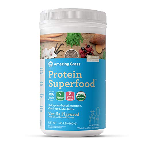 Amazing Grass Protein Superfood: Vegan Protein Powder, All-in-One Nutrition Shake, with Beet Root Powder, Pure Vanilla, 20 Servings (Old Version)