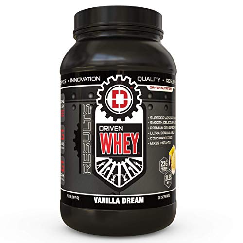 Driven WHEY- Grass Fed Whey Protein Powder: Delicious, Clean Protein Shake- Improve Muscle Recovery with 23 Grams of Protein with Added BCAA and Digestive Enzymes (Vanilla Dream, 2 lb)