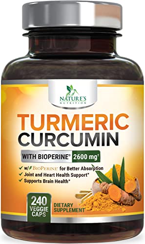 Turmeric Curcumin with Bioperine 95% Curcuminoids 2600mg with Black Pepper for Best Absorption, Made in USA, Best Vegan Joint Support, Turmeric Supplement Pills by Natures Nutrition - 240 Capsules