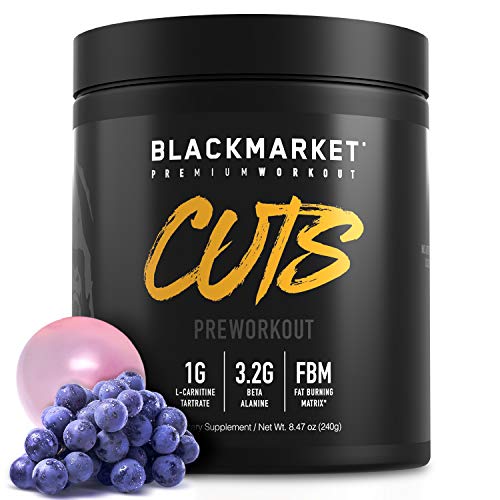 BLACKMARKET CUTS Thermogenic Pre Workout - Preworkout Energy Drink for Men and Women 30 Servings of Grape Bubblegum Flavor - Creatine Free Pre-Workout Drink Powder