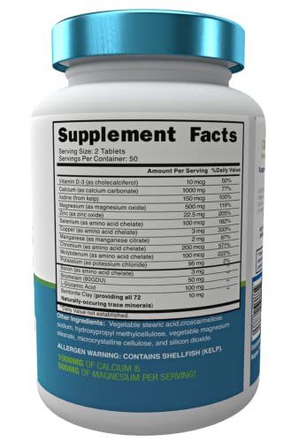 Trace Minerals Enhanced Complex - Complete with 70+ Nutrient-Dense Health Mineral - 100% Natural Ingredients - Iron Free | All in One |1000mg Calcium 500mg Magnesium - 100 Tablets