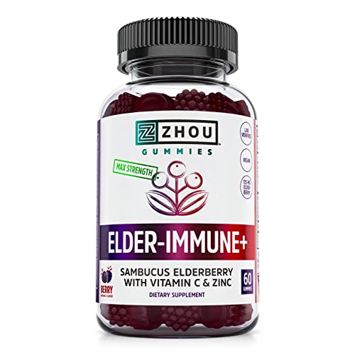 Zhou Nutrition Elder-Mune Sambucus Elderberry Gummies with Zinc and Vitamin C, Max Strength Immune Support Gummies with Antioxidants, Vegan, Gluten Free, Non-GMO, 30 Servings, 60 Gummies