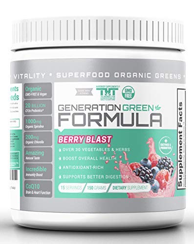 Generation Greens Powder | Organic Superfood Powder with Spirulina, Chlorella, Wheat Grass | 60 Powerful Super Foods, Probiotics, Enzymes | GMO Free (15 Servings, Berry Blast)